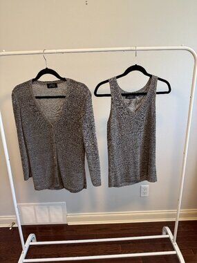 Silver/Grey knit Dana Buchman cardigan and tank top set. Size Medium